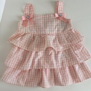 Pink Gingham Tiered Dress with Bow Accents